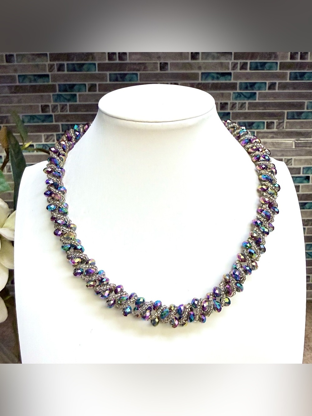 Vintage handcrafted beaded AB Crystal statement necklace.